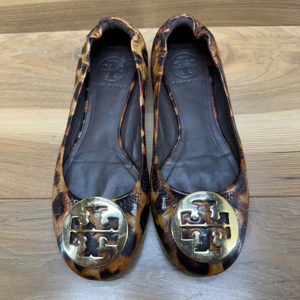 Tory Burch Womens 6 M Leopard Print Patent Leather Reva Flats Ballerinas